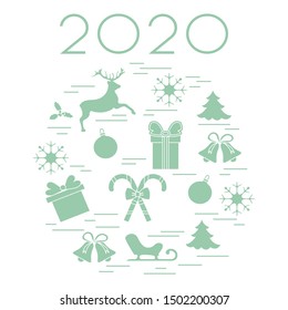 Happy New Year 2020, Merry Christmas vector illustration. Sleigh, deer, mistletoe, gift, snowflakes, striped sticks, Christmas tree, balls, bells. Design for fabric, print, postcard.