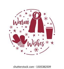 Happy new year 2020, Merry Christmas vector illustration. Scarf, snowflakes, cup, mittens, warm wishes inscription. Design for wrapping, fabric, print.