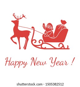 Happy New Year 2020, Merry Christmas vector illustration. Santa Claus with bag of gifts rides in sleigh pulled by a deer. Design for fabric, print, postcard.