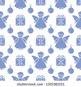 Happy new year 2020, Merry Christmas vector seamless pattern with angel, Christmas balls, gifts. Design for wrapping, fabric, print.