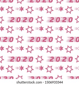 Happy New Year 2020, Merry Christmas seamless pattern. Vector illustration with stars and numbers 2020. Festive background. Design for packaging paper, fabric, print.