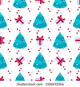Happy new year 2020, Merry Christmas vector seamless pattern with Christmas tree, gift. Design for web page, presentation, print.