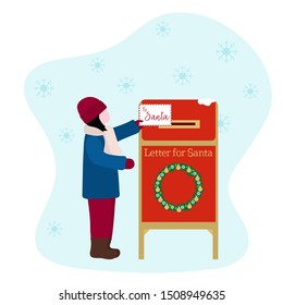 Happy New Year 2020, Merry Christmas vector illustration. Santa's mailbox, child carries a letter to Santa Claus. Mail wish list. Design for web page, presentation, print, postcard.