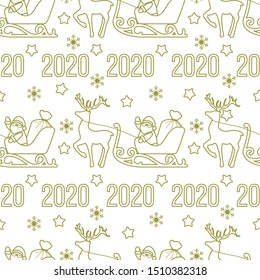 Happy New Year 2020, Merry Christmas seamless pattern. Vector illustration Santa Claus with bag of gifts rides in sleigh pulled by a deer. Design for fabric, print, wrapping paper.
