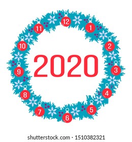 Happy New Year 2020, Merry Christmas vector illustration. Christmas wreath with fir branches, Christmas balls, snowflakes. Festive background. Design for print, postcard.