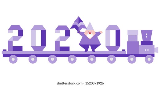 Happy new year 2020, Merry Christmas. Vector illustration with origami 2020 year numbers, Santa Claus, Christmas tree on a toy train. Festive background. Design for poster, party card, fabric, print.