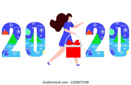 Happy New Year 2020, Merry Christmas vector illustration. Numbers 2020 decorated Christmas symbols, girl with gift. Festive background. Design for web page, print, postcard.