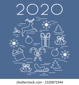 Happy New Year 2020, Merry Christmas vector illustration. Sleigh, deer, mistletoe, gift, snowflakes, striped sticks, Christmas tree, balls, bells. Design for fabric, print, postcard.