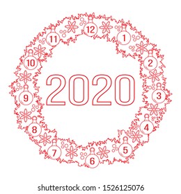 Happy New Year 2020, Merry Christmas vector illustration. Christmas wreath with fir branches, Christmas balls, snowflakes. Festive background. Design for print, postcard.