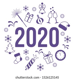 Happy New Year 2020. Merry Christmas. Vector illustration. Gifts, fireworks, bells, Santa Claus hat, clock, Christmas tree, firecracker, Christmas sock, snowflakes. Design for print.