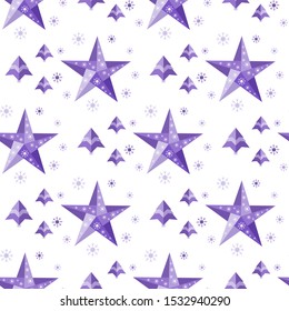 Happy new year 2020, Merry Christmas. Vector seamless pattern with origami Christmas tree, stars and snowflakes. Festive background. Design for fabric, print, wrapping paper.