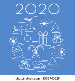 Happy New Year 2020, Merry Christmas vector illustration. Sleigh, deer, mistletoe, gift, snowflakes, striped sticks, Christmas tree, balls, bells. Design for fabric, print, postcard.