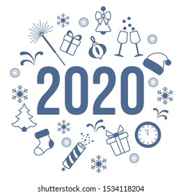 Happy New Year 2020. Merry Christmas. Vector illustration. Gifts, fireworks, bells, Santa Claus hat, clock, Christmas tree, firecracker, Christmas sock, snowflakes. Design for print.