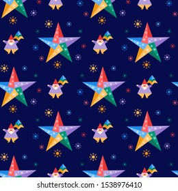 Happy new year 2020, Merry Christmas. Vector seamless pattern with origami Santa Claus, Christmas tree, stars and snowflakes. Festive background. Design for fabric, print, wrapping paper.