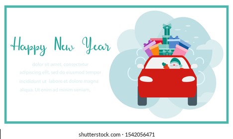 Happy new year 2020, Merry Christmas. Vector illustration with Santa Claus driving car, gifts. Delivering presents. Festive background. Design for greeting card, banner, poster or print.