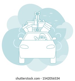 Happy new year 2020, Merry Christmas. Vector illustration with Santa Claus driving car, gifts. Delivering presents. Festive background. Design for greeting card, banner, poster or print.