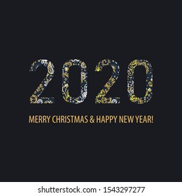 Happy new year 2020 & merry christmas. Golden number with pattern texture. Template or element design ofpostcard, brochure, placard,  celebration. Shiny concept of greeting card or party invitation.