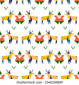 Happy new year 2020, Merry Christmas. Vector seamless pattern with origami Santa Claus, deer. Design for packaging paper, fabric, print.