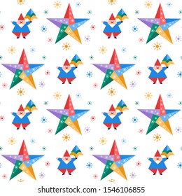 Happy new year 2020, Merry Christmas. Vector seamless pattern with origami Santa Claus, Christmas tree, stars and snowflakes. Festive background. Design for fabric, print, wrapping paper.