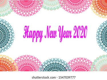 Happy New Year 2020. Merry Christmas Greeting Card. New Year's design - Set of soft pastel color Mandala Patterns as a symbol of snow with congratulation text. Vector illustration.