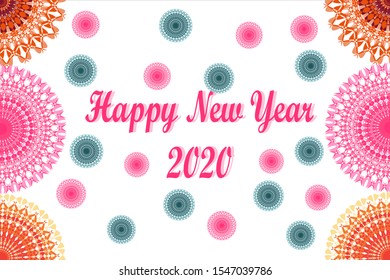 Happy New Year 2020. Merry Christmas Greeting Card. New Year's design - Set of soft pastel color Mandala Patterns as a symbol of snow with congratulation text. Vector illustration.