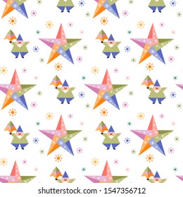 Happy new year 2020, Merry Christmas. Vector seamless pattern with origami Santa Claus, Christmas tree, stars and snowflakes. Festive background. Design for fabric, print, wrapping paper.