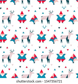 Happy new year 2020, Merry Christmas. Vector seamless pattern with origami Santa Claus, deer, Christmas tree. Design for packaging paper, fabric, print.