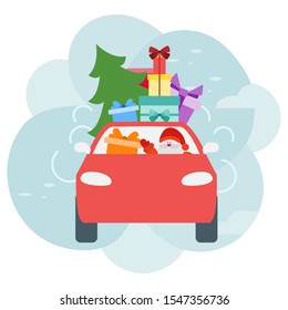Happy new year 2020, Merry Christmas. Vector illustration with Santa Claus driving car, gifts, Christmas tree. Delivering gifts. Festive background. Design for greeting card, banner, poster or print.