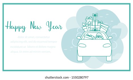 Happy new year 2020, Merry Christmas. Vector illustration with Santa Claus driving car, gifts. Delivering presents. Festive background. Design for greeting card, banner, poster or print.
