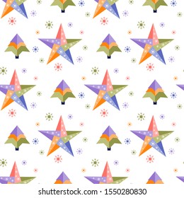 Happy new year 2020, Merry Christmas. Vector seamless pattern with origami Christmas tree, stars and snowflakes. Festive background. Design for fabric, print, wrapping paper.