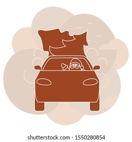 Happy new year 2020, Merry Christmas. Vector illustration with Santa Claus driving car, Christmas trees. Delivering gifts. Festive background. Design for greeting card, banner, poster or print.