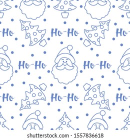 Happy new year 2020, Merry Christmas. Vector seamless pattern with Santa Claus, polka dot Christmas tree, snowflakes. Festive background. Design for textile, wrapping, print.