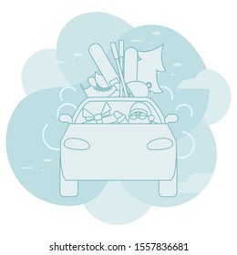 Happy new year 2020, Merry Christmas. Vector illustration with Santa Claus driving car, gift box, Christmas tree, skates, skateboard, ski poles, hat. Delivering gifts. Festive background.