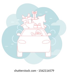 Happy new year 2020, Merry Christmas. Vector illustration with Santa Claus driving car, gifts, Christmas tree. Delivering gifts. Festive background. Design for greeting card, banner, poster or print.