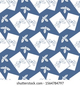 Happy new year 2020, Merry Christmas. Vector seamless pattern with gifts, mistletoe. Festive background. Design for textile, wrapping, print.