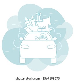 Happy new year 2020, Merry Christmas. Vector illustration with Santa Claus driving car, gifts, Christmas tree. Delivering gifts. Festive background. Design for greeting card, banner, poster or print.