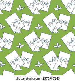 Happy new year 2020, Merry Christmas. Vector seamless pattern with gifts, mistletoe, Christmas tree. Festive background. Design for textile, wrapping, print.