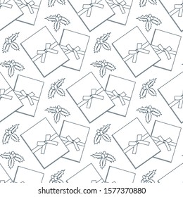 Happy new year 2020, Merry Christmas. Vector seamless pattern with gifts, mistletoe. Festive background. Design for textile, wrapping, print.