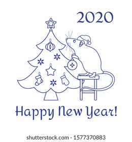Happy new year 2020, Merry Christmas. Vector illustration Mouse standing on stool decorates Christmas tree on white background. Design for postcard, banner, poster or print.