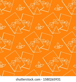 Happy new year 2020, Merry Christmas. Vector seamless pattern with gifts, mistletoe, Christmas tree. Festive background. Design for textile, wrapping, print.