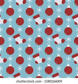 Happy new year 2020, Merry Christmas. Vector seamless pattern with Christmas tree decorations, Christmas sock, snowflakes. Festive background. Design for textile, wrapping, print.