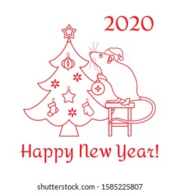 Happy new year 2020, Merry Christmas. Vector illustration Mouse standing on stool decorates Christmas tree on white background. Design for postcard, banner, poster or print.