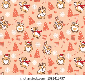 Happy new year 2020, merry christmas vector seamless pattern with cute corgi dogs, christmas trees, gifts and lollipops.
Design for packaging, fabric, print.