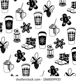Happy new year 2020, Merry Christmas vector pattern with cup of coffee, cup of cocoa, spicy men and sprockets, lantern, bump. Design for wrapping, fabric, print