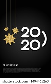 Happy new year 2020 message with gold tree made of realistic golden glitter dust isolated on black background. Suitable for wallpaper, holiday card or luxury party invitation.