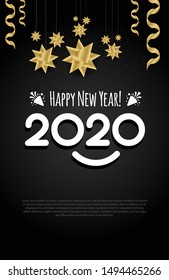 Happy new year 2020 message with gold tree made of realistic golden glitter dust isolated on black background. Suitable for wallpaper, holiday card or luxury party invitation.