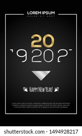 Happy new year 2020 message with golden glitter dust isolated on black background. Suitable for wallpaper, holiday card or luxury party invitation.