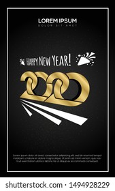 Happy new year 2020 message with golden glitter dust isolated on black background. Suitable for wallpaper, holiday card or luxury party invitation.