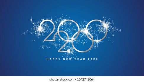Happy New Year 2020 modern design with sparkle firework silver white blue greeting card
