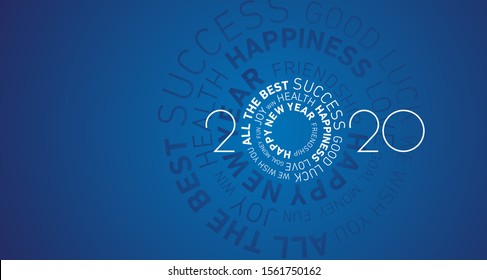 Happy New Year 2020 modern circle word cloud text white blue vector